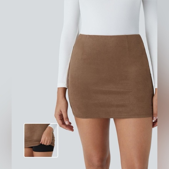 HALARA High Waisted 2-in-1 Bodycon Suede Mini Casual Skirt Brown Skort Small NEW - Picture 1 of 6